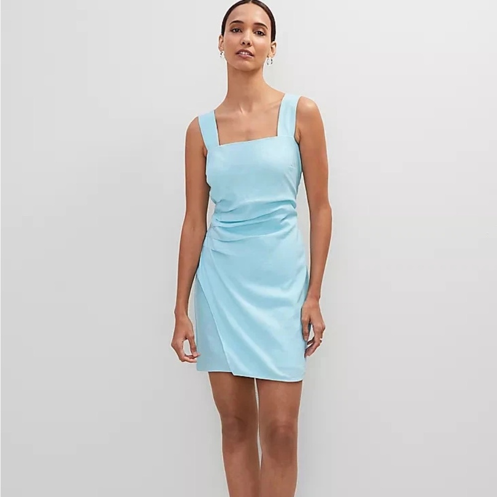 Ann Taylor Square Neck Sheath Dress 14 Linen Blend blue Minimalist Classic Beach